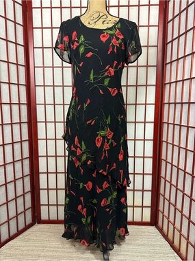 Y2K Black Elegant Formal Black Red Floral Tiered Beaded Maxi Dress